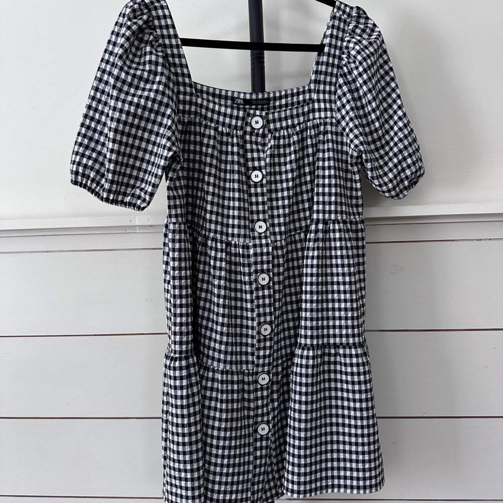 Zara square neck gingham mini dress